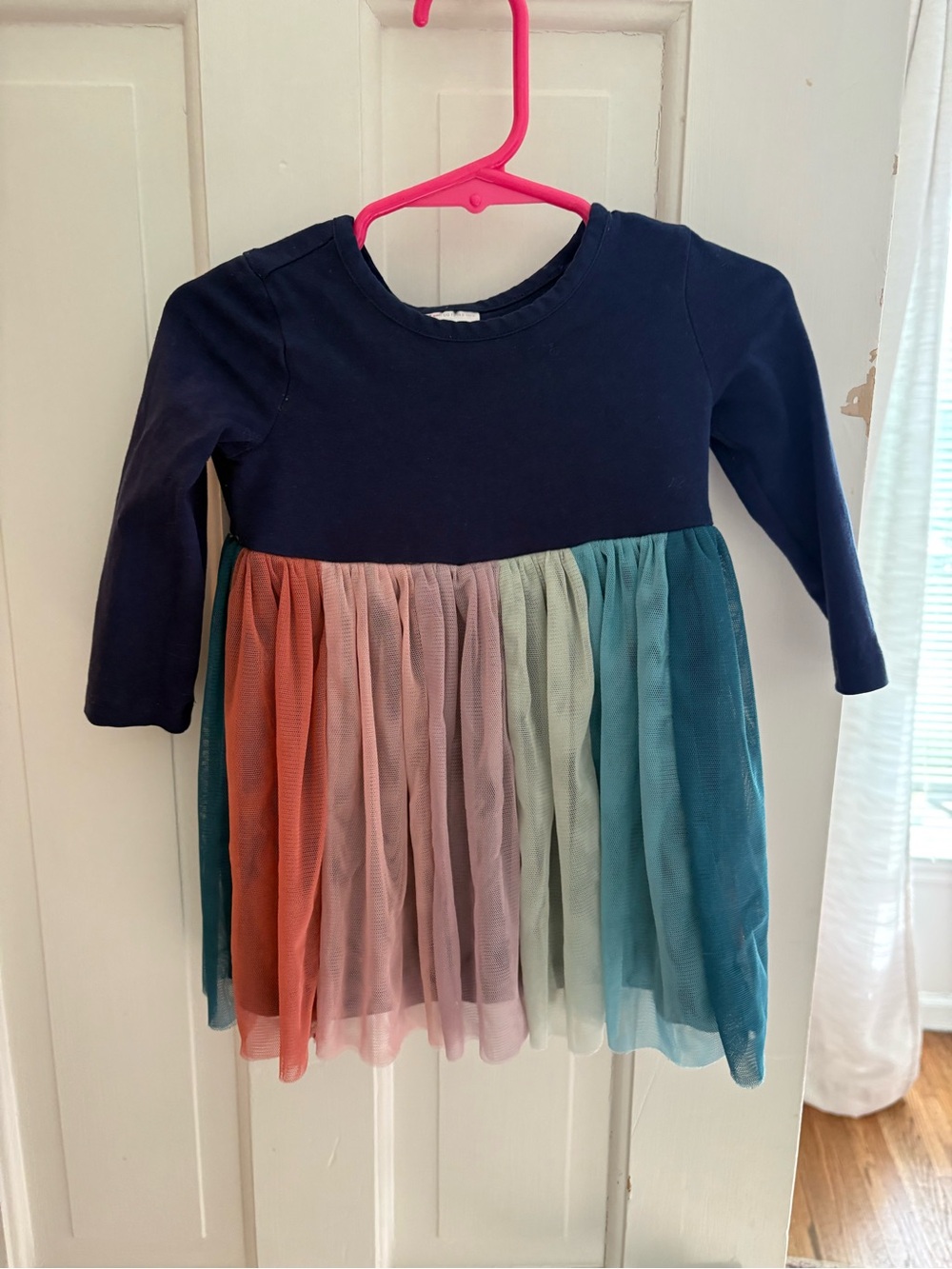 Hanna Andersson Girls Navy Long-Sleeve Rainbow Tulle Dress